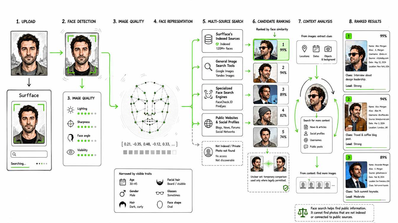 Surfface online facial recognition search 